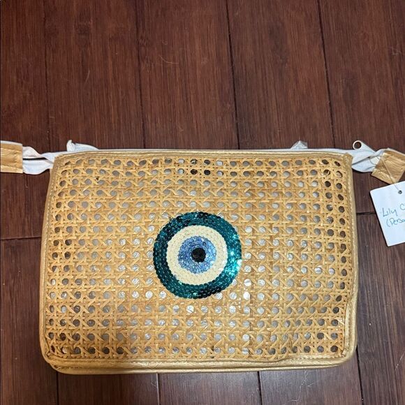 Sequin Tan Woven Bag with Eye Design Impermeable Inside - Zipper Pouch NEW - Picture 1 of 6